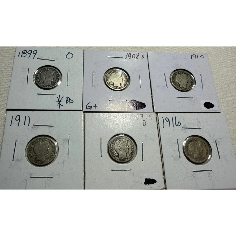 Barber Dime Lot 6 Coins 1899-O 1908-S 1910 1911 1914-D 1916 US Silver Coinage